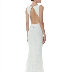 Long white lace fitted prom dress